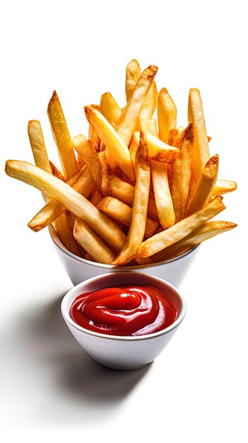 Un contenitore di patatine fritte con ketchup e ketchup.