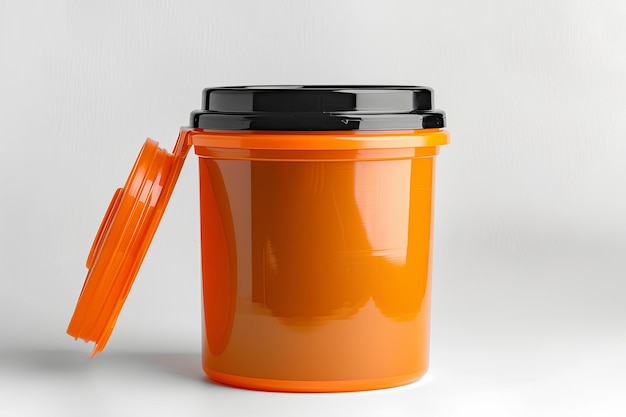 Un contenitore di plastica arancione brillante con un coperchio nero e un copercolo nero e un cappuccio nero sul coperchio
