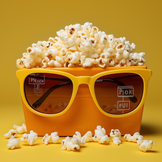 Un contenitore giallo con popcorn e occhiali da sole