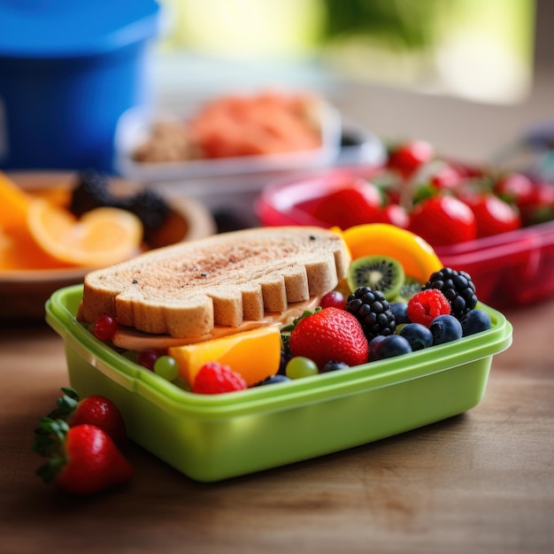 Un contenitore verde con frutta e un panino dentro.