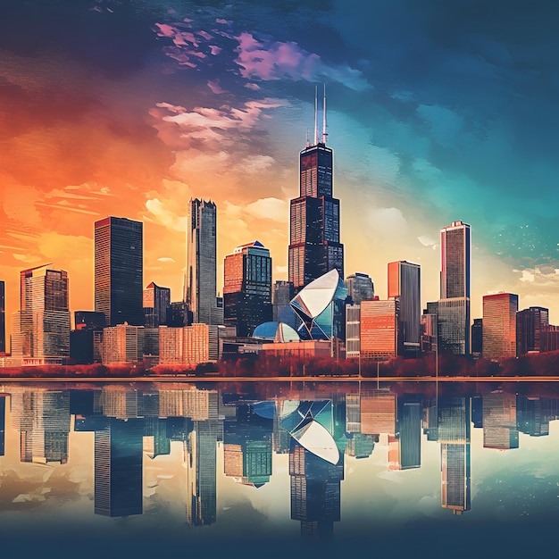 Un contorno dello skyline di Chicago in una giornata soleggiata e limpida realizzato con l'IA generativa