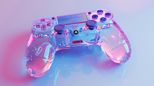 Un controller di videogioco blu e rosa traslucido è seduto su una superficie riflettente