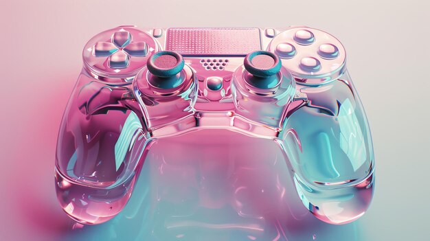 Un controller di videogioco rosa e blu traslucido è seduto su una superficie riflettente