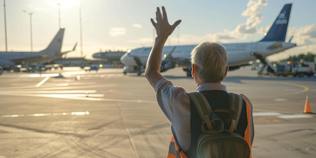 Un controllore del traffico aereo che guida gli aerei sulla pista con segnali manuali