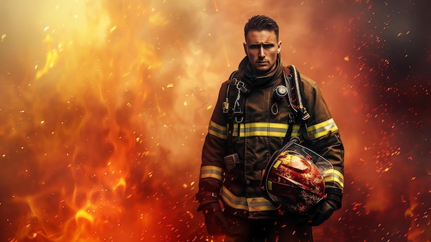 Un coraggioso pompiere si erge in piedi davanti a un inferno in furia i suoi occhi sono focalizzati e determinati mentre combatte il fuoco