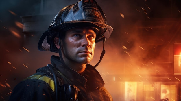 Un coraggioso vigile del fuoco sullo sfondo di un edificio in fiamme Ritratto di un soccorritore