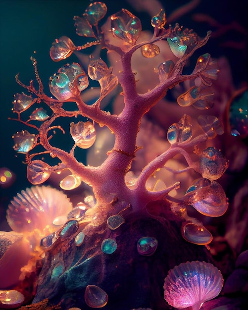 Un corallo rosa con un sacco di gocce d'acqua su di esso