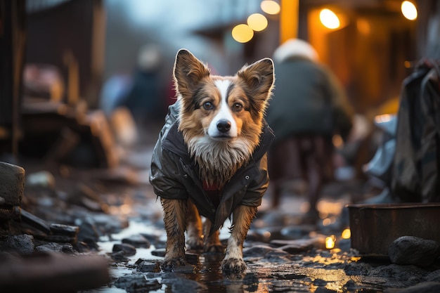 Un corgi gallese cencioso che cammina attraverso un affollato slum ai generato