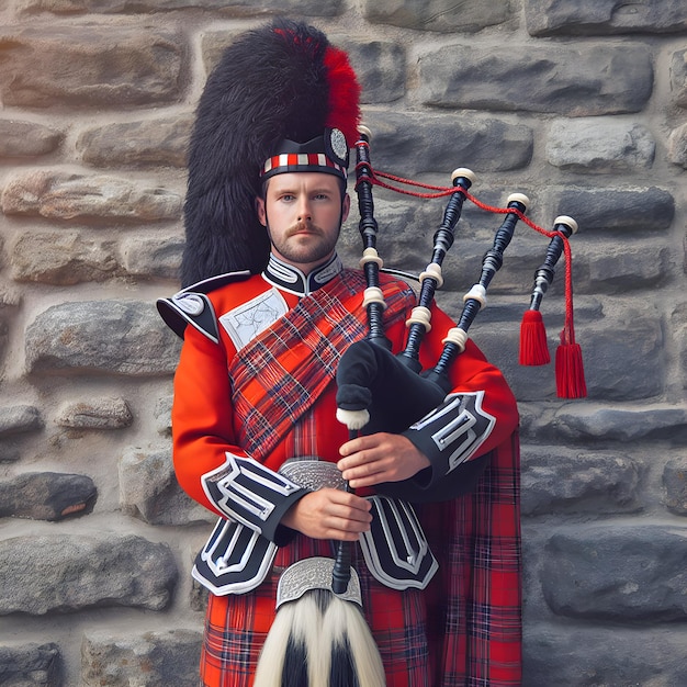 Un cornamusa scozzese in piedi davanti a un muro di pietra indossando un tradizionale vestito di tartan rosso e nero