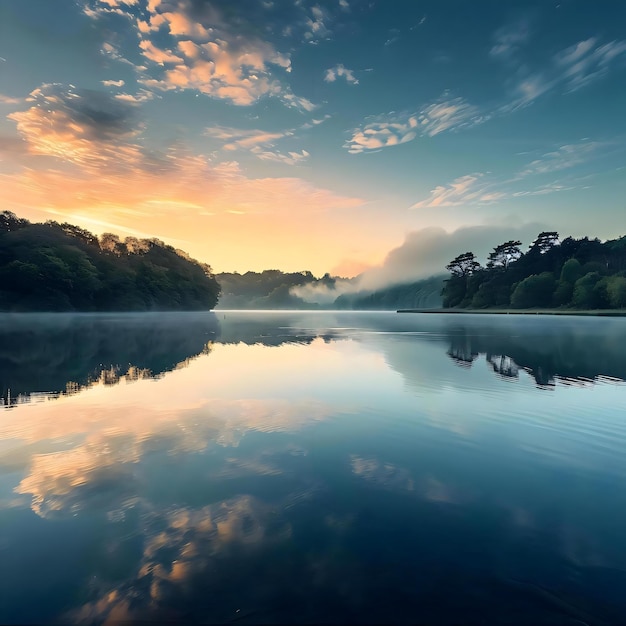 un corpo d'acqua circondato da alberi e nuvole