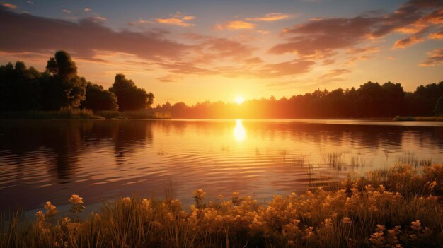 un corpo d'acqua con alberi e un tramonto sullo sfondo