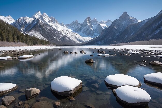 Un corpo d'acqua con neve su rocce e montagne sullo sfondo