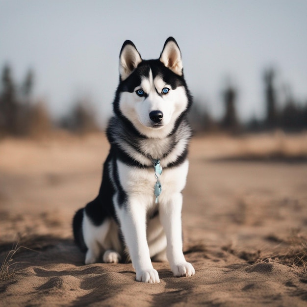 Un corpo pieno di cane husky siberiano iper realistico con sfondo bianco