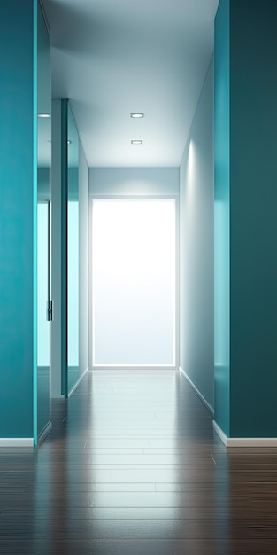 Un corridoio blu con una luce intensa che entra dalla porta.