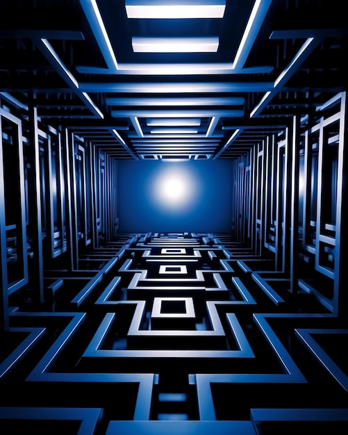 Un corridoio buio con uno sfondo blu e le parole la parola sul fondo
