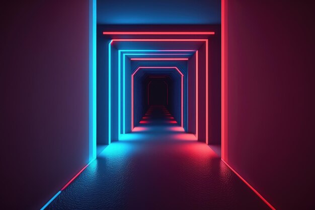 Un corridoio con luci al neon e una luce blu e rossa.