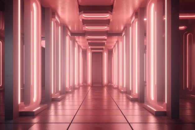 Un corridoio con luci al neon e una parete rosa