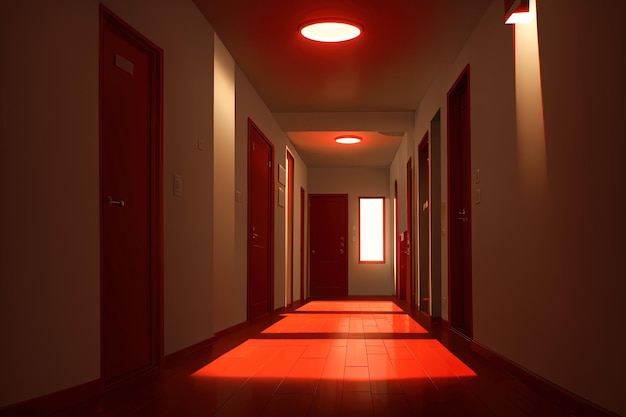 un corridoio con luci sul soffitto e uno sfondo rosso del pavimento