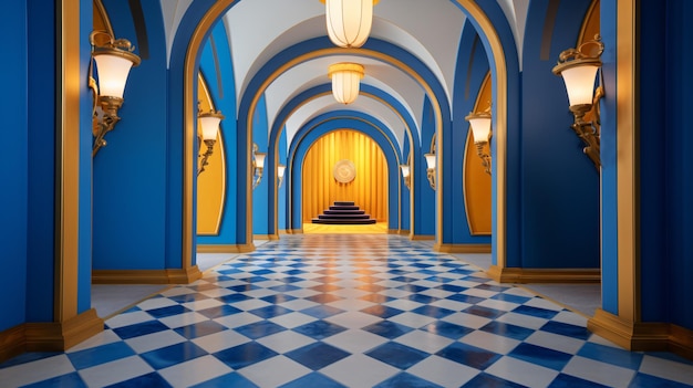 Un corridoio con un pavimento blu e dorato e una porta