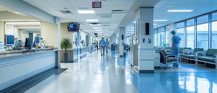 Foto un corridoio dell'ospedale con gente che lo percorreva
