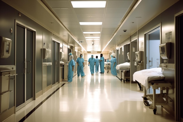 Un corridoio dell'ospedale con medici e infermieri accorsi dalla malattia IA generativa