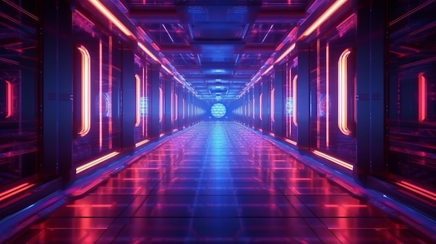 Un corridoio futuristico con luci al neon e un lungo corridoio