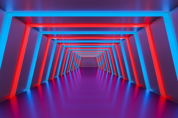 Un corridoio luminoso con rendering 3D interno futuristico effetto ologramma