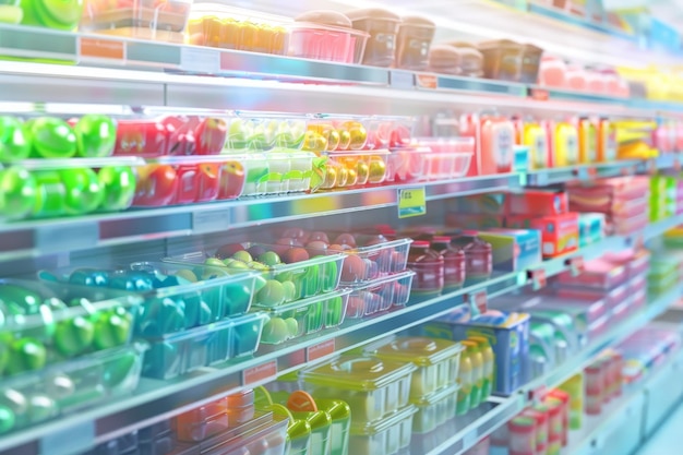 Un corridoio luminoso del supermercato con un arcobaleno di prodotti dai colori vivaci