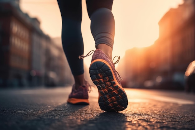 Un corridore ragazza fa una corsa mattutina in una strada cittadina Scarpe da ginnastica primo piano Fare jogging in esecuzione benessere