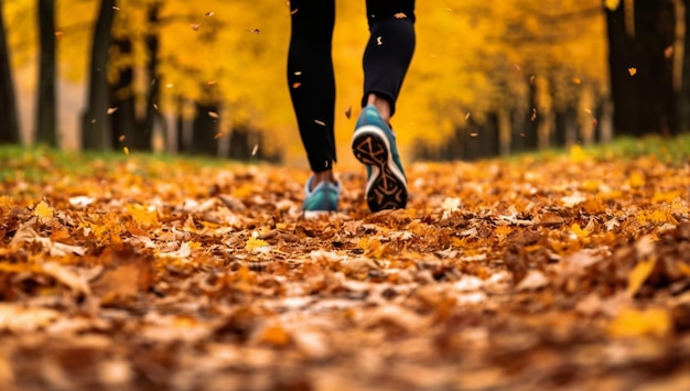 Un corridore sta facendo jogging su un sentiero con foglie autunnali sul terreno