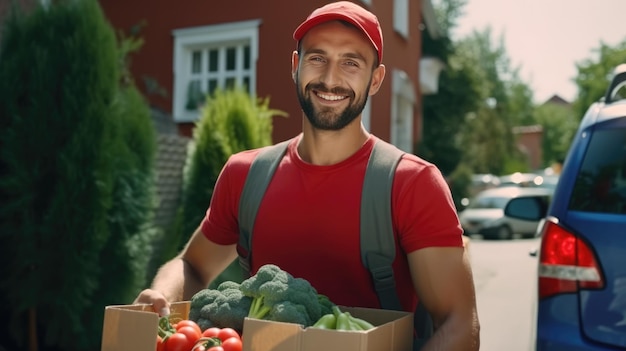 Un corriere maschio con una maglietta rossa e un berretto tiene in mano una borsa artigianale con generi alimentari Consegna a domicilio AI generativa