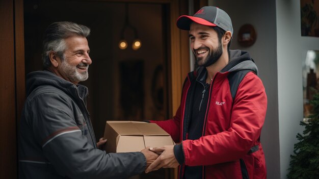 un corriere senior consegna un pacchetto di scatole a un cliente per la consegna a domicilio