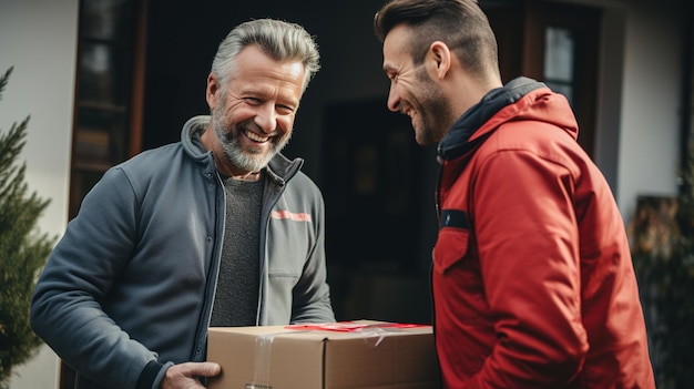 un corriere senior consegna un pacchetto di scatole a un cliente per la consegna a domicilio