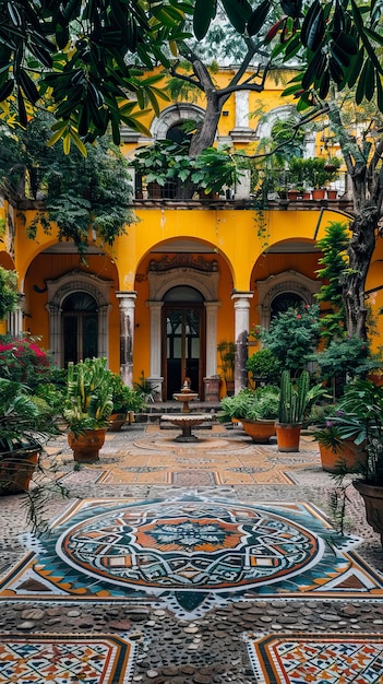 Un cortile a Città del Messico con piastrelle colorate e fontane circondate da archi e piante