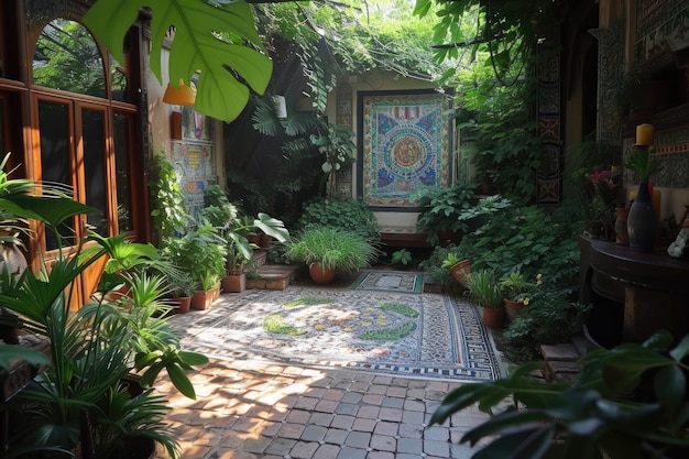 Un cortile arabo pieno di mosaici e piante verdi rigogliose