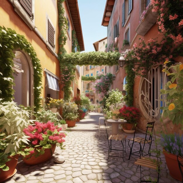 Un cortile con vasi di fiori e piante