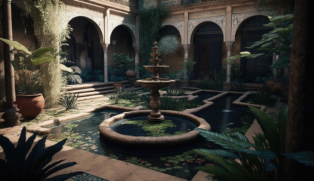 Un cortile in stile marocchino con un bellissimo gioco d'acqua che crea un'atmosfera tranquilla circondata da intricati lavori di piastrelle e vegetazione lussureggiante Generato dall'IA