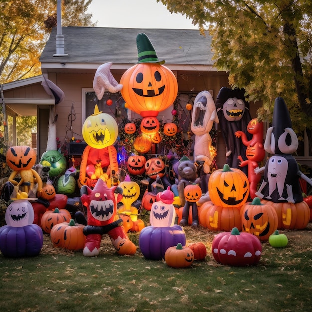 Un cortile macabramente decorato con personaggi gonfiabili di Halloween