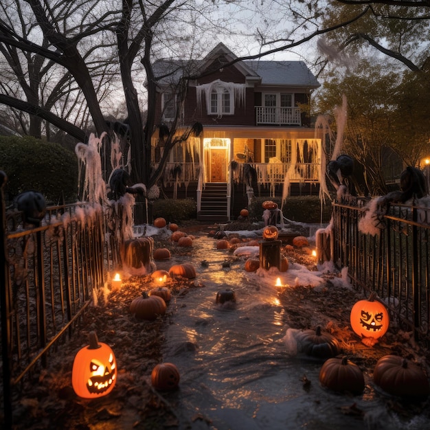 Un cortile spettrale adornato con inquietanti jacko'lanterns e ragnatele