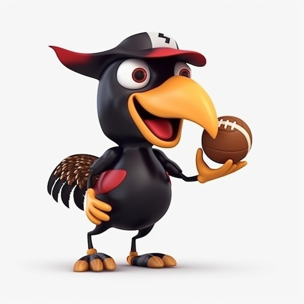 Un corvo cartone animato che tiene in mano un pallone da calcio e indossa un cappello con su scritto "calcio".