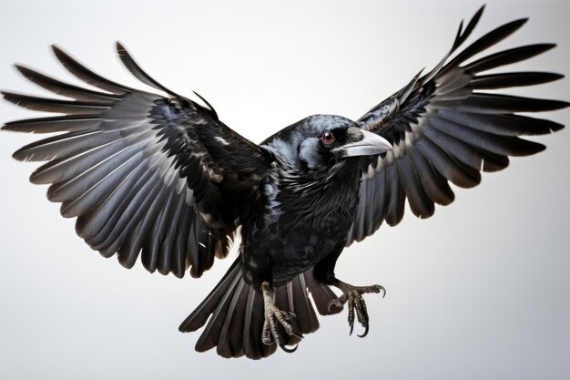 Un corvo che vola su uno sfondo bianco