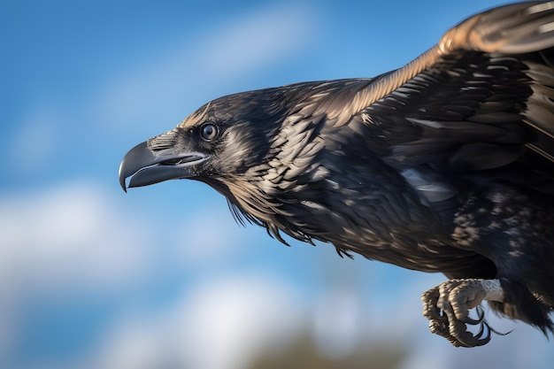 Un corvo con uno sfondo di cielo blu