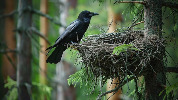 un corvo di tranquillità aviaria appoggiato in un nido in cima a un albero in primo piano che cattura la serenità della fauna selvatica