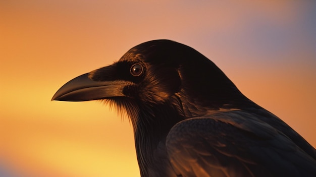 Un corvo è visto nel tramonto.