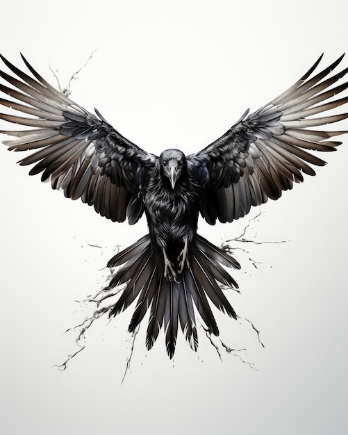 Un corvo illustrato sbatte le ali su sfondo bianco raffigura la fauna selvatica Illustrazione Generative AI