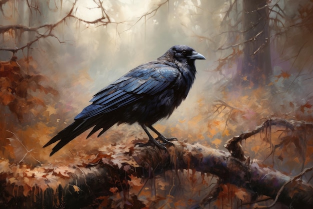 Un corvo misterioso nella foresta oscura Uno sguardo penetrante
