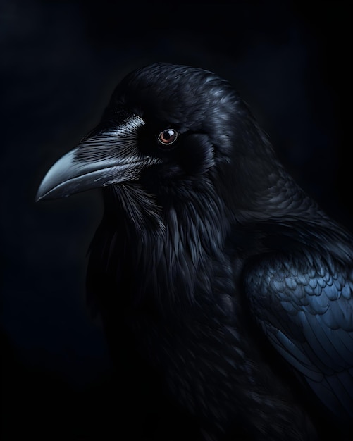 Un corvo nero con un becco nero e uno sfondo nero