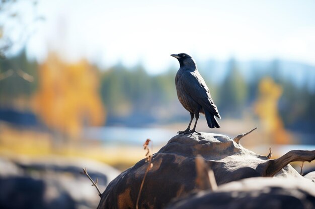 Un corvo nero in piedi su una roccia