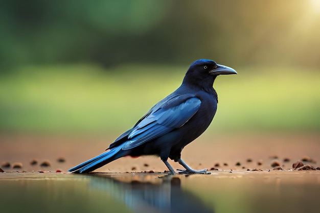 Un corvo si trova su una superficie bagnata con uno sfondo verde.