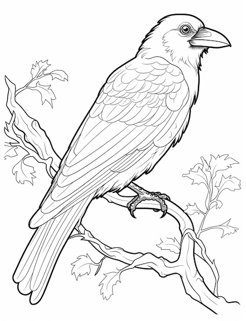 Un corvo su un ramo con foglie e una foglia sul fondo